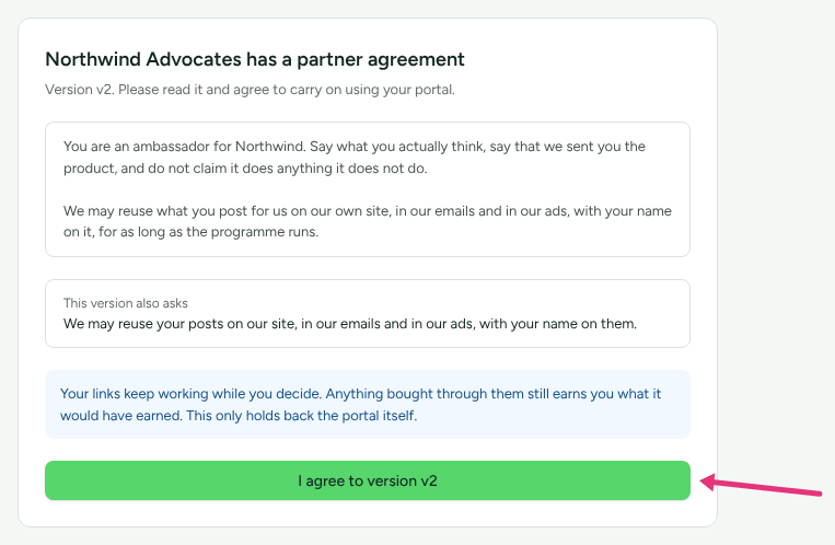 The programme's partner agreement shown before the portal, with an arrow at I agree to version v2.
