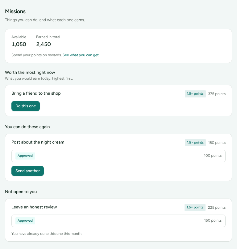 The Missions page in the partner portal, with the points balance and See what you can get at the top, then missions under Worth the most right now, You can do these again and Not open to you.