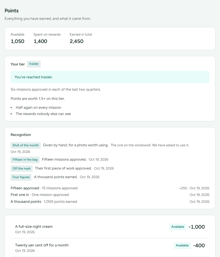 The top of the Points page in the partner portal, with the points balance, the tier card, recognition and the first lines of the points history.