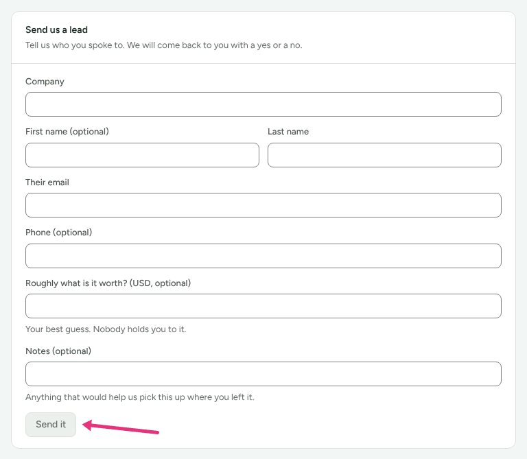 The Send us a lead card on Leads, with the company, contact, estimate and notes fields, and an arrow at Send it.