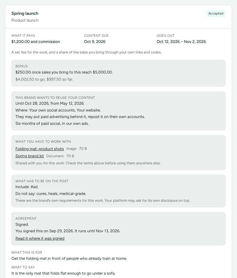 The top of the Spring launch collaboration card in the partner portal, with what it pays, the dates and the brand's request to reuse the content.