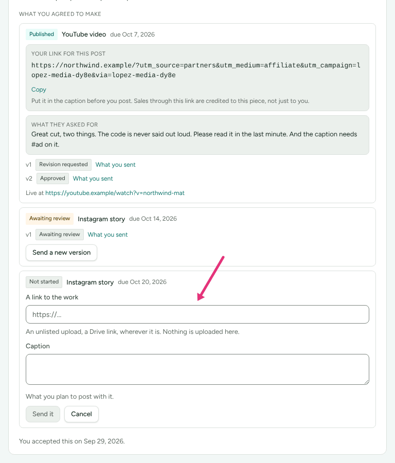 The form for sending a piece of work, under What you agreed to make, with an arrow at A link to the work.