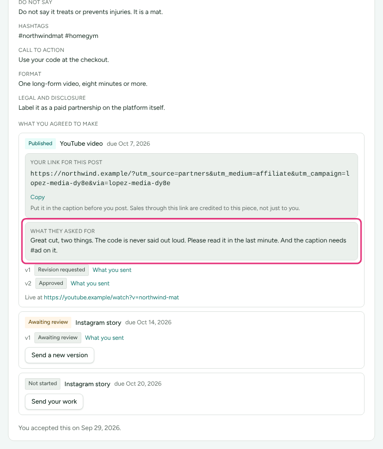 A piece of work in the partner portal that went through a revision, with What they asked for and the brand's note outlined.