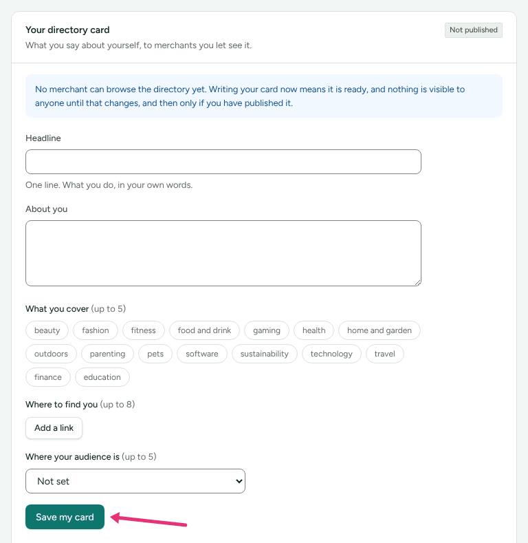 The Your directory card on Profile › Sign-in and terms, with the note that no merchant can browse the directory yet, with an arrow at Save my card.