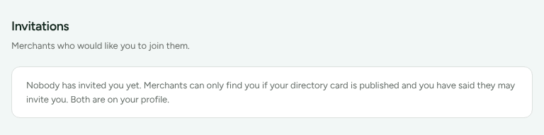 The Invitations page saying nobody has invited the partner yet, because merchants can find a partner only through a published directory card.