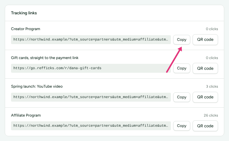 The Tracking links card on Links, showing each link with its click count, with an arrow at Copy beside the first.