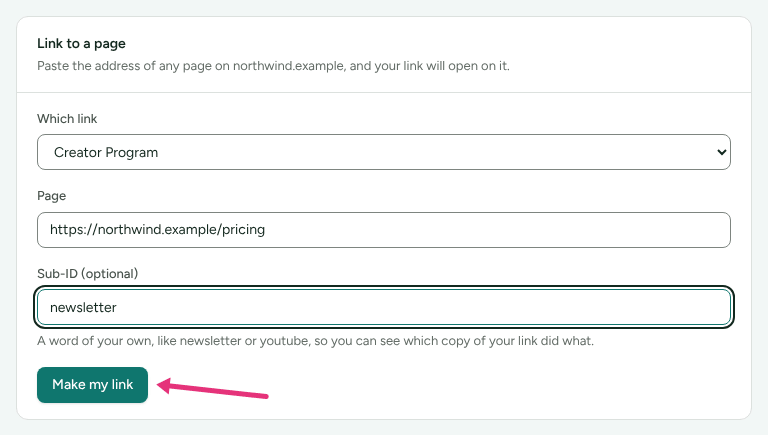 The Link to a page card with Which link, a page address and the sub-ID newsletter filled in, with an arrow at Make my link.