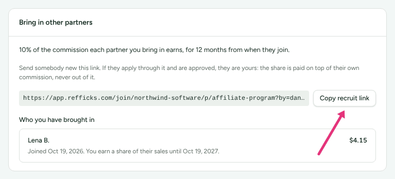 The Bring in other partners card with a recruit link and Who you have brought in, with an arrow at Copy recruit link.