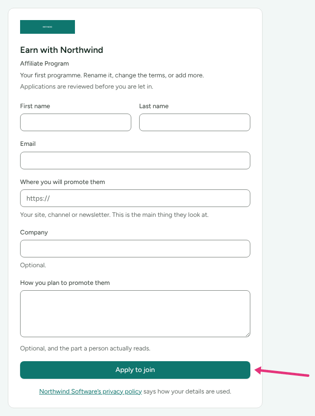 Northwind Software's signup page with the application form, with an arrow at Apply to join.