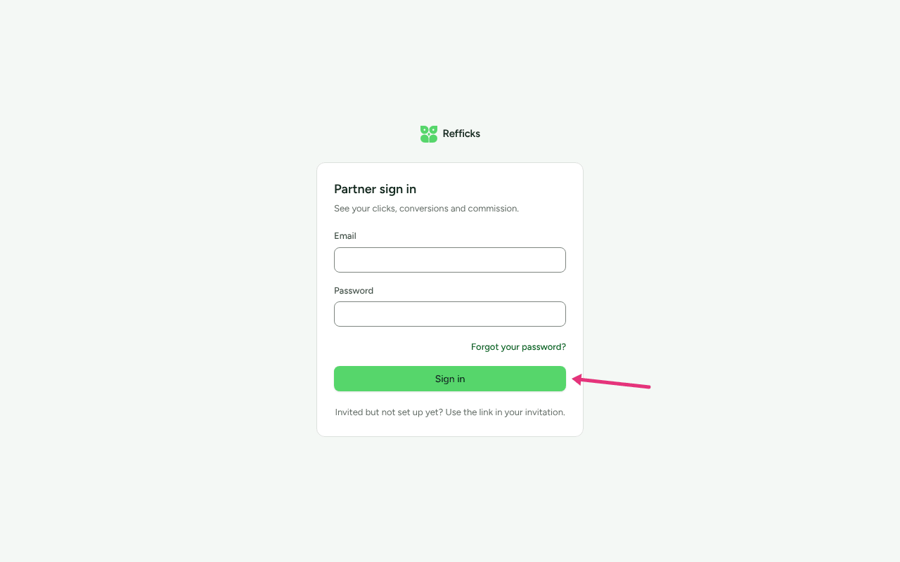 The Partner sign in page with Email and Password, with an arrow at Sign in.