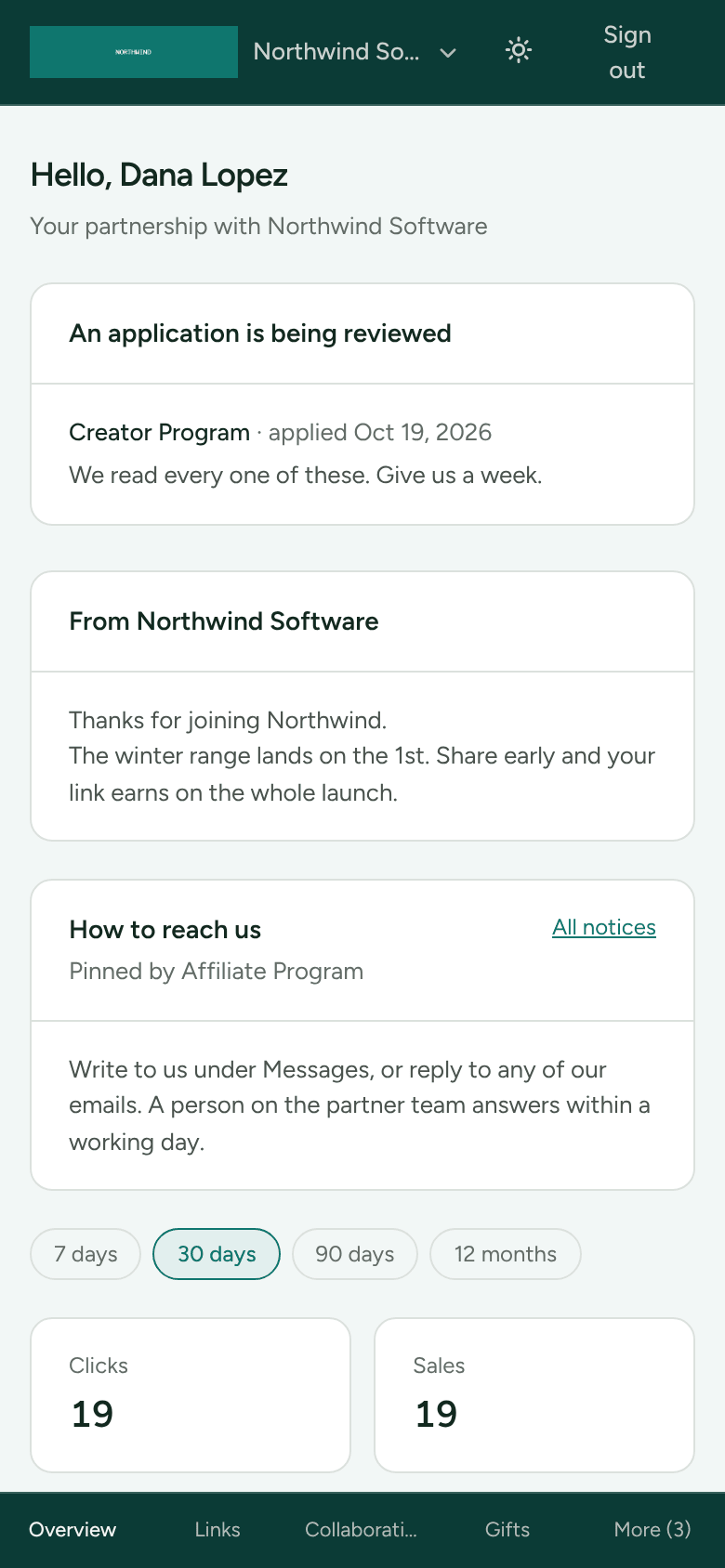 The partner portal on a phone, with four sections and More in the menu along the bottom of the screen.