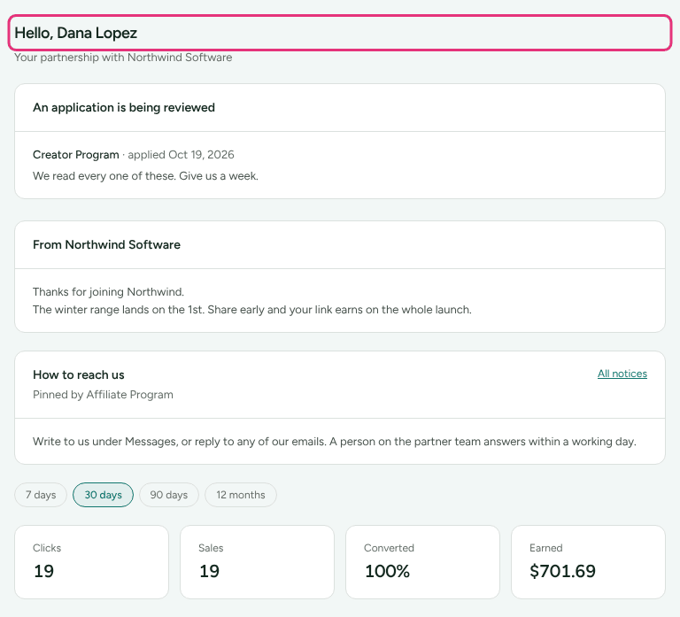 A partner's Overview, headed Hello, Dana Lopez with Your partnership with Northwind Software, with the heading outlined.