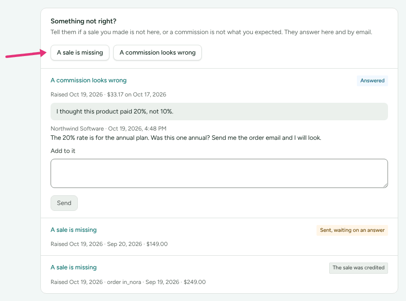The Something not right? card on the Commission page with the queries already raised, with an arrow at A sale is missing.
