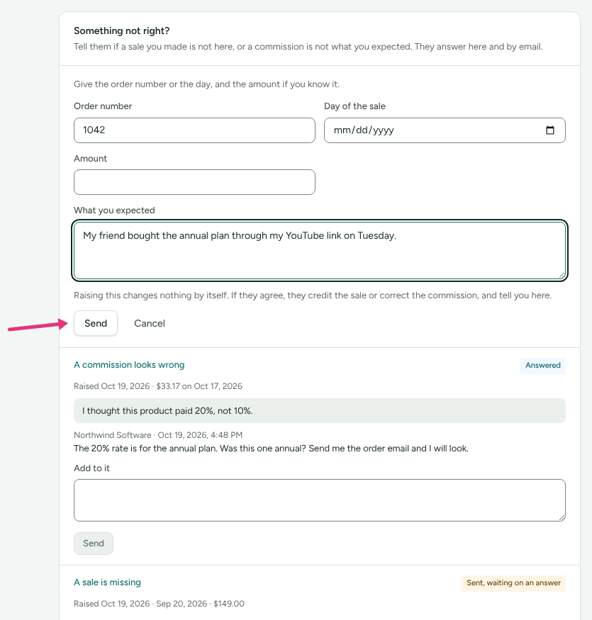 The form for a missing sale with an order number and what the partner expected filled in, with an arrow at Send.