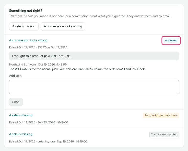 A raised query marked Answered and open, showing the merchant's reply and an Add to it box, with Answered outlined.