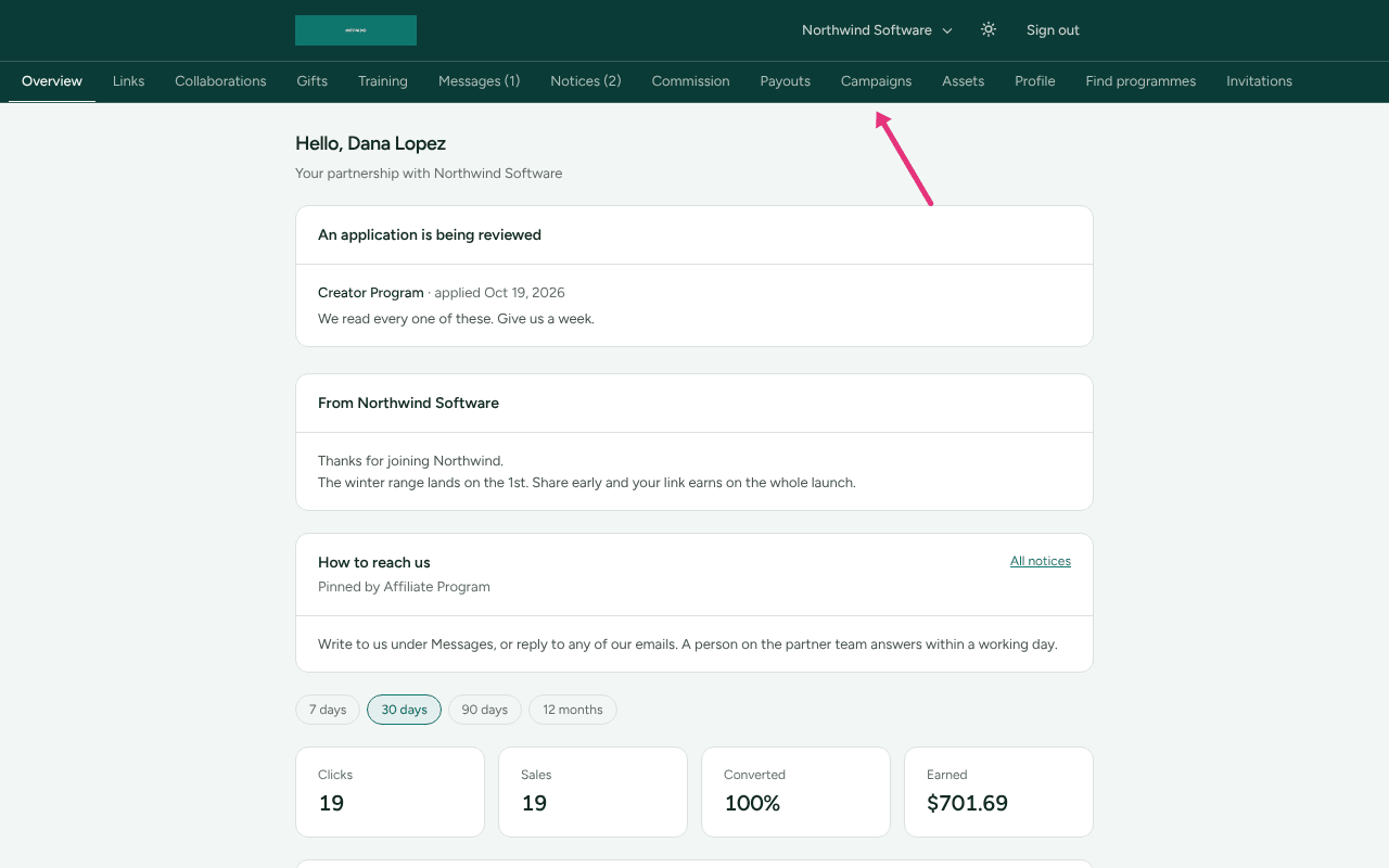 The partner portal menu, with an arrow at Campaigns.