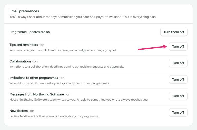 The kinds of email on Email preferences, each with what it covers, with an arrow at Turn off beside Tips and reminders.