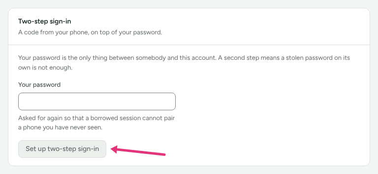The Two-step sign-in card on Profile › Sign-in and terms asking for Your password, with an arrow at Set up two-step sign-in.