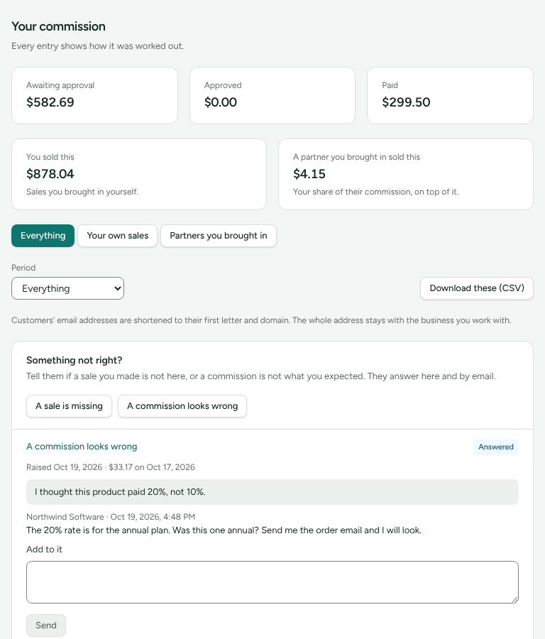 The top of the Your commission page, with the Awaiting approval, Approved and Paid totals, and the split and the Period choice under them.