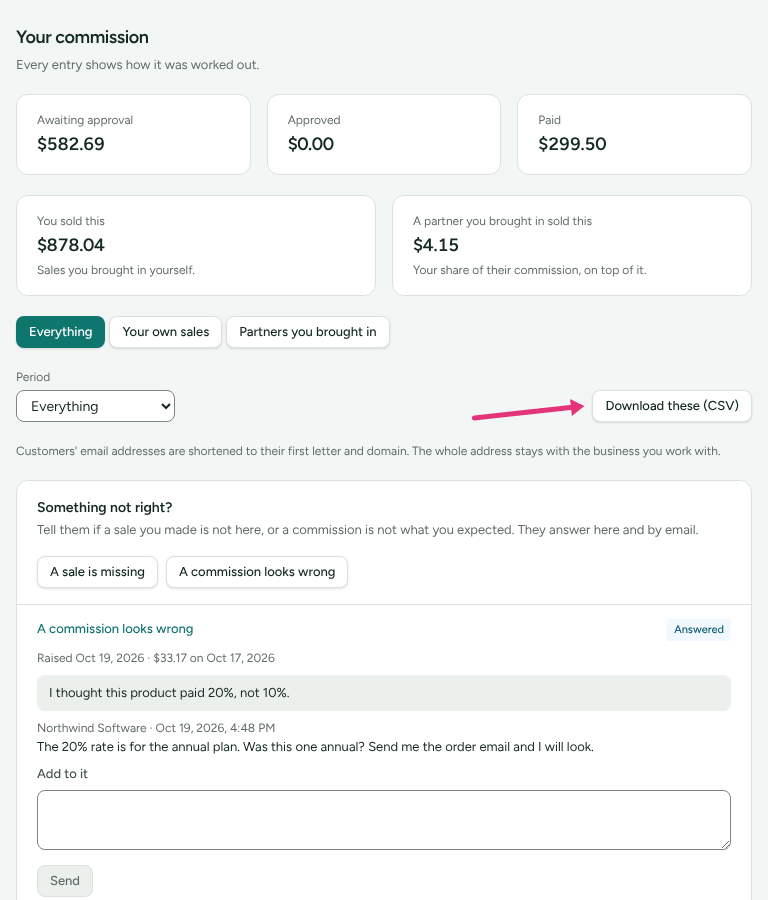 The Period choice beside Download these (CSV) on the Commission page, with an arrow at Download these (CSV).