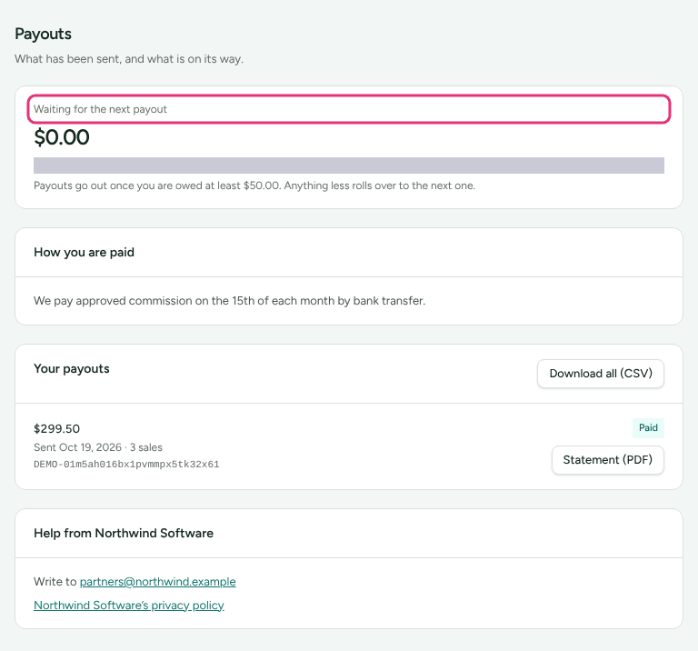 The Payouts page with the amount waiting for the next payout and where it is going, with Waiting for the next payout outlined.
