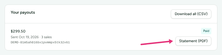 The Your payouts list with amounts, sent dates, the number of sales each covered and a Paid badge, with an arrow at Statement (PDF).