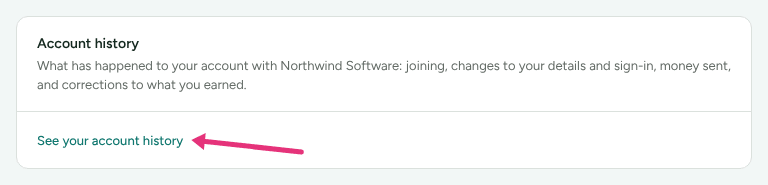 The Account history card on Profile › Your data, with an arrow at See your account history.