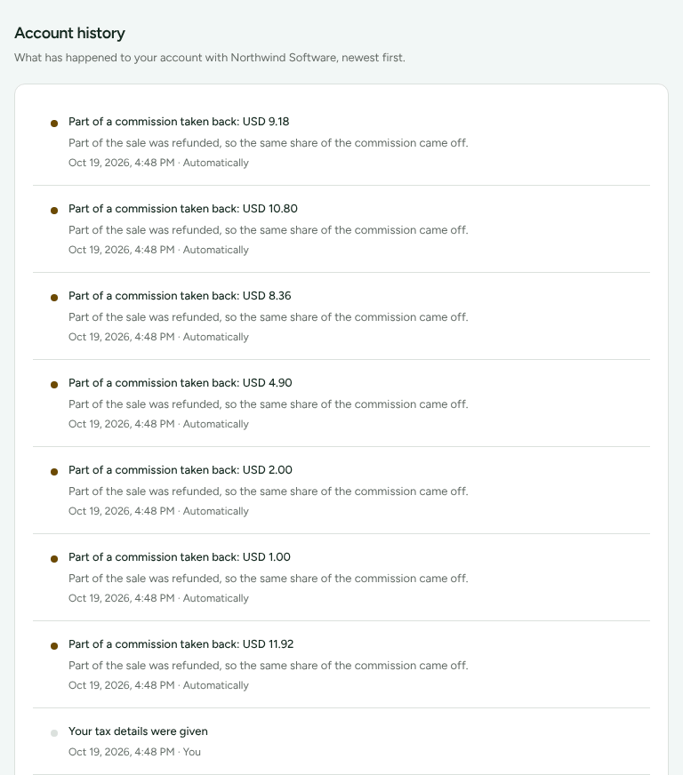 The Account history page listing what happened to the account with Northwind Software, newest first, each with its time and who did it.