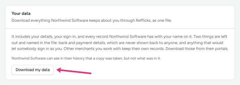 The Your data card on Profile › Your data explaining what the file holds and leaves out, with an arrow at Download my data.