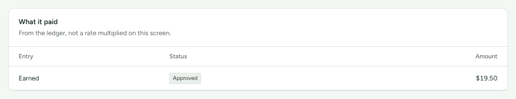 The What it paid card on a conversion's page, listing the ledger entries for the sale with their status and amount.