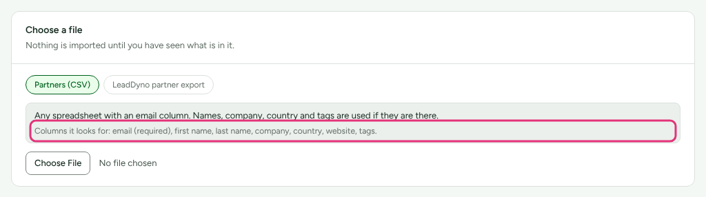 The Choose a file card on Import and export › Import a file, with the list of columns it looks for outlined.
