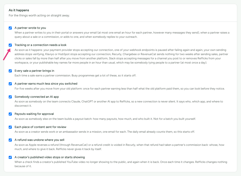 The As it happens card on Settings › You › Your emails, with an arrow at the tick box for Tracking or a connection needs a look.