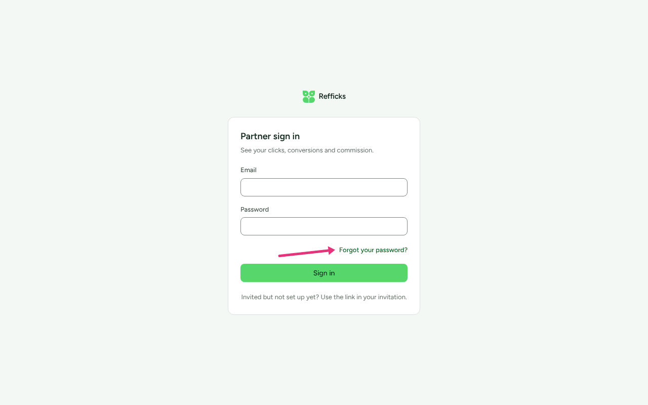 The Partner sign in page with the line Invited but not set up yet? Use the link in your invitation, with an arrow at Forgot your password?