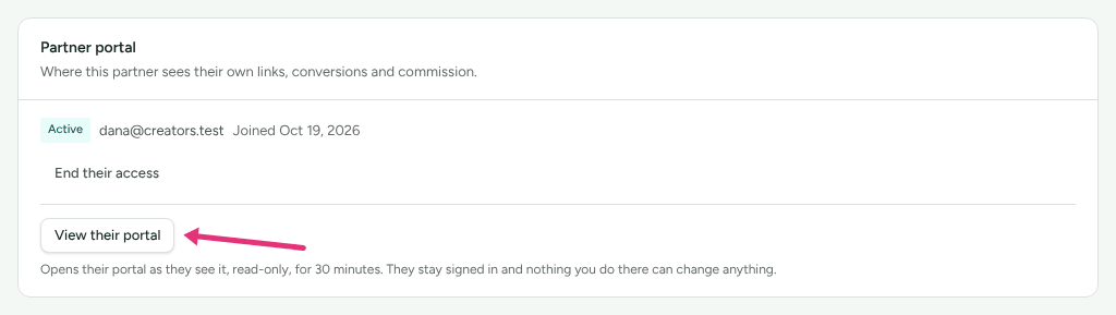 The Partner portal card in a partner's Account section with the Active badge and when they joined, with an arrow at View their portal.