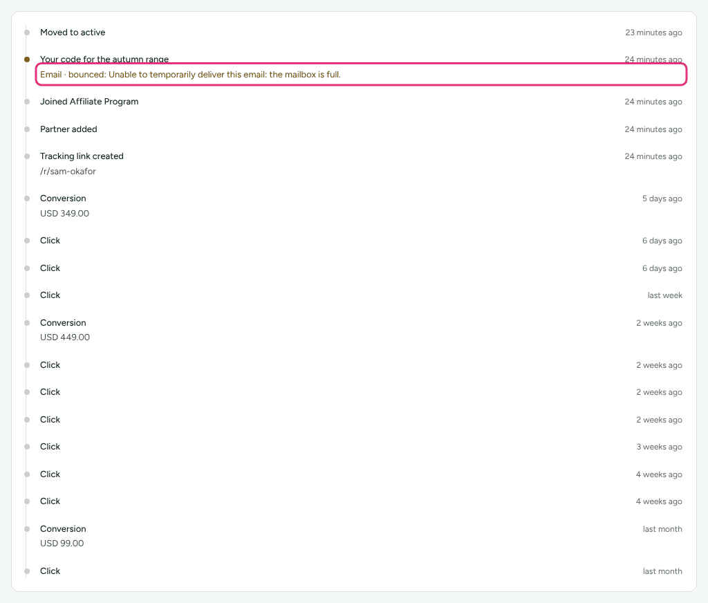 A partner's Activity section listing an email by subject with the line Email · bounced and the receiving server's reason, outlined.