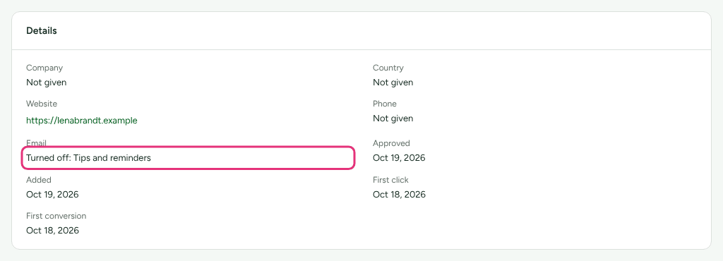 A partner's details with the Email line reading Turned off: Tips and reminders, outlined.