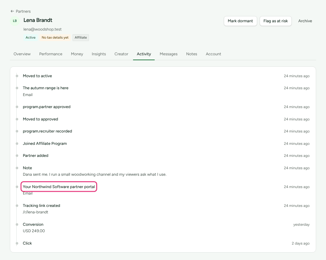 The Activity section on Lena Brandt's page, with her portal invitation email, Your Northwind Software partner portal, outlined and the line Email under it.