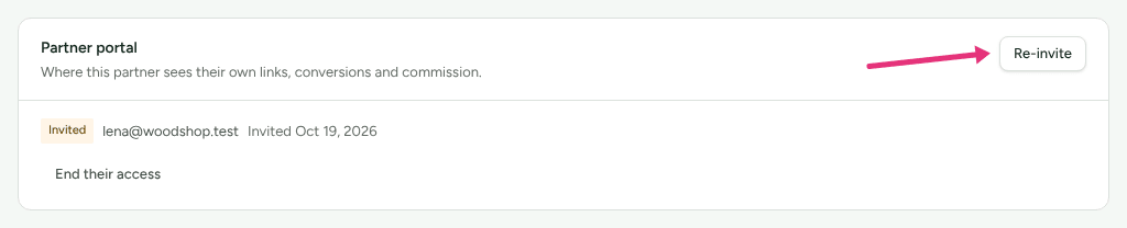 The Partner portal card in the Account section of Lena Brandt's page, reading Invited, with an arrow at Re-invite.
