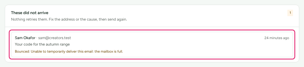 The These did not arrive card on Settings › Partners and payouts › Emails, with an email that bounced and the mail server's reason outlined.