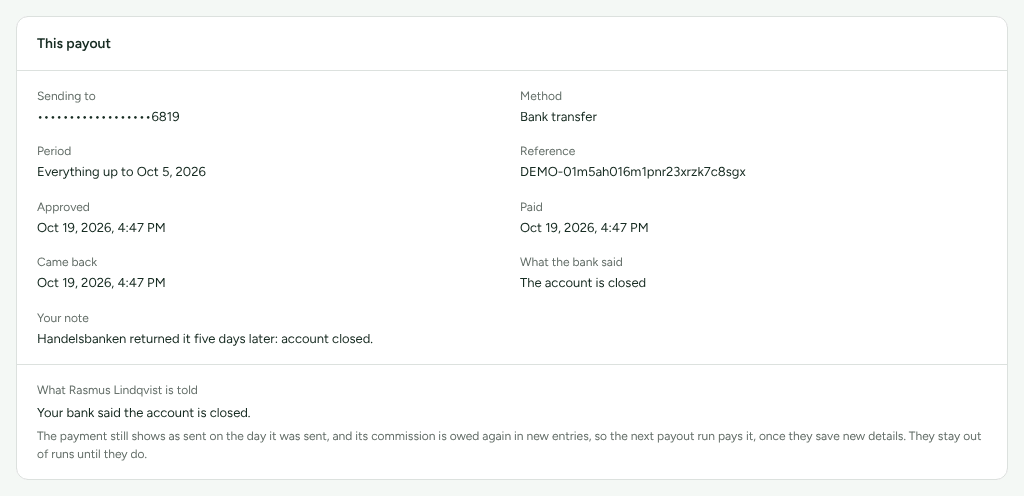 The This payout card on a payout to Rasmus Lindqvist that came back, with when it came back, what the bank said and the sentence he is shown.
