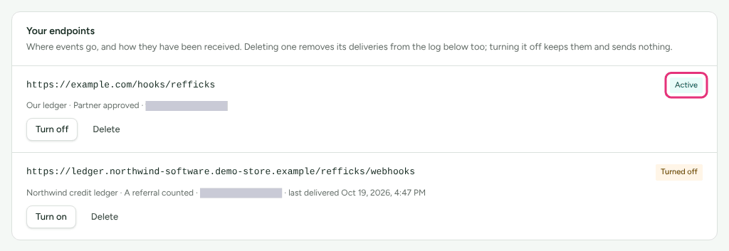 Your endpoints on Integrations › Webhooks, one endpoint Active and one Turned off, with the Active badge outlined.